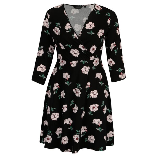 Rochie neagra cu decolteu suprapus si print floral - Dorothy Perkins Curve