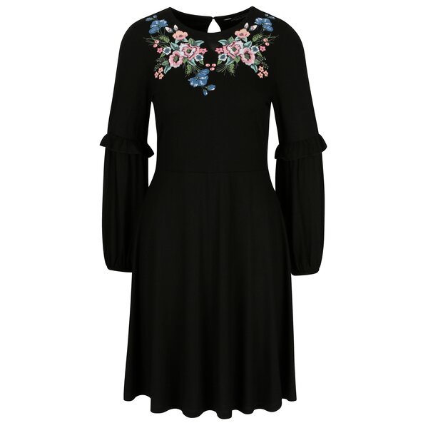 Rochie neagra cu broderie florala si maneci balon - Dorothy Perkins