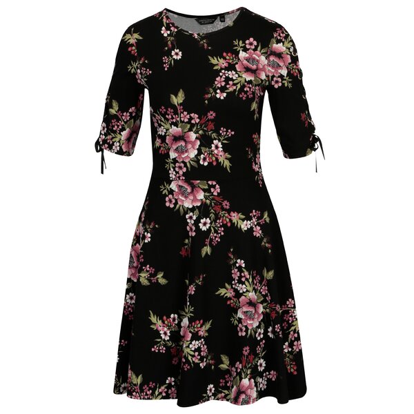 Rochie neagra cu print floral si siret pe maneci Dorothy Perkins