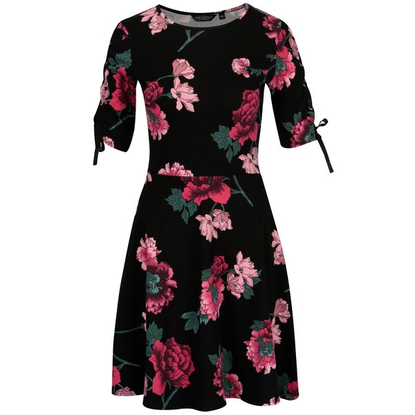 Rochie neagra cu siret pe maneci si print floral Dorothy Perkins
