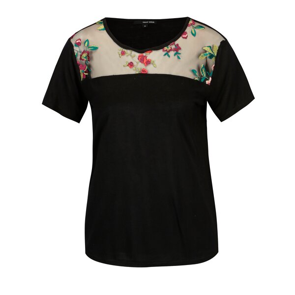 Tricou negru cu broderie florala si insertie de plasa - TALLY WEiJL