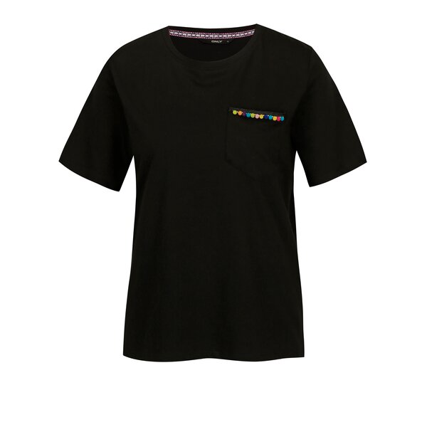Tricou negru cu buzunar si decoratiune de inspirate etnica - ONLY Tally