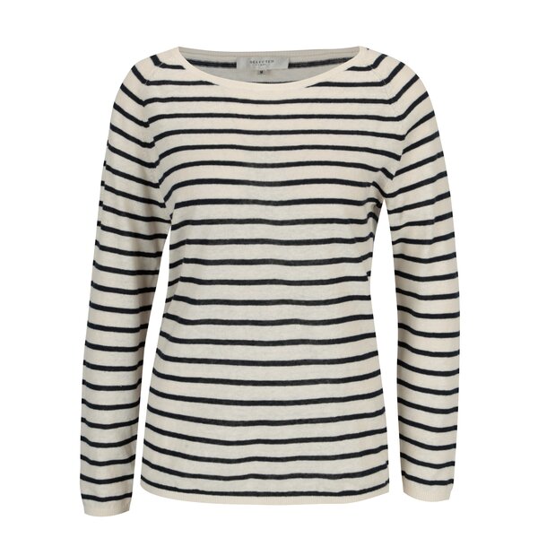 Pulover cu dungi bej cu bleumarin Selected Femme Nive