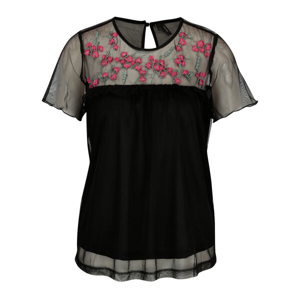 Bluza din plasa neagra cu broderie si volan VERO MODA Jade