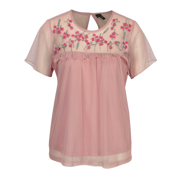 Bluza din plasa roz cu broderie si volane VERO MODA Jade