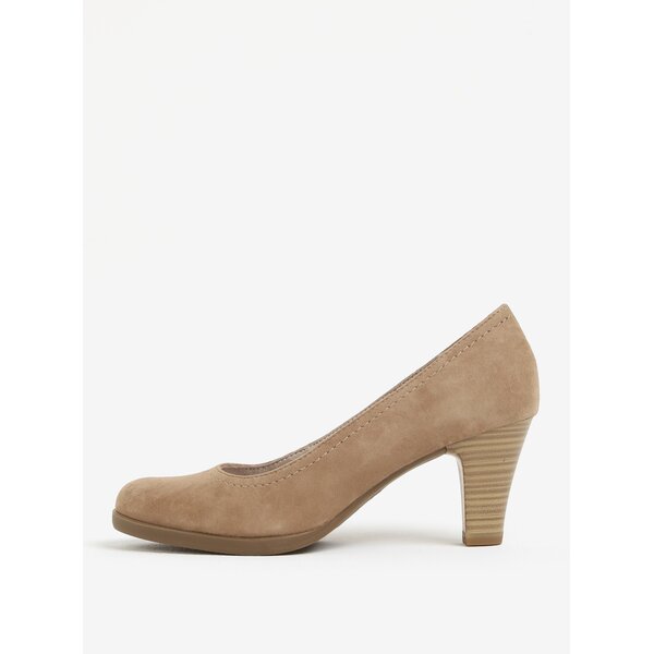 Pantofi bej din piele intoarsa cu toc si cusaturi decorative Tamaris