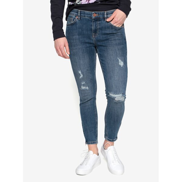 Blugi cropped skinny albastri cu aspect deteriorat Oasis Rip and Repair