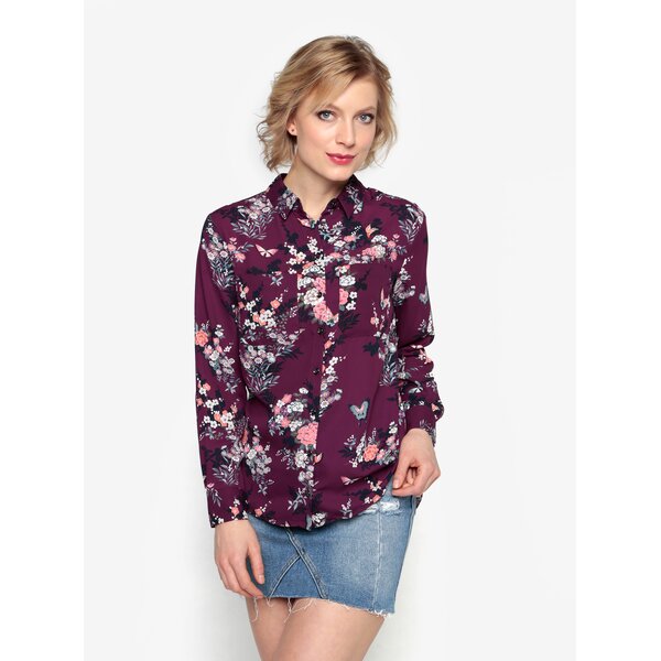 Camasa cu print floral mov inchis si buzunare - Oasis Kimono