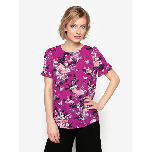 Bluza mov cu print floral si pliseuri la maneci - Oasis Kimono