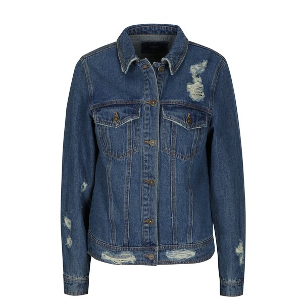 Jacheta de denim albastra cu aspect deteriorat si broderie florala ONLY Becky