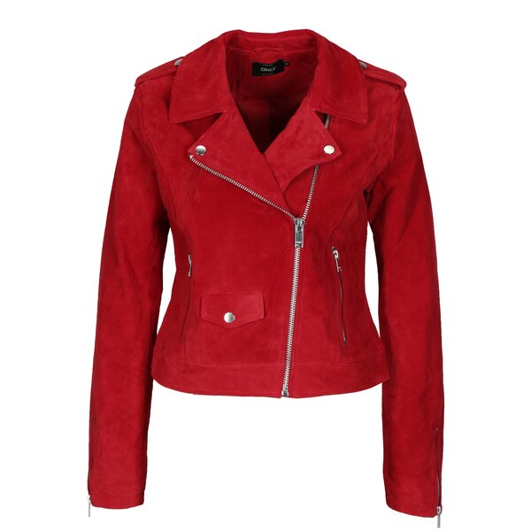 Jacheta biker rosie din piele intoarsa ONLY Grace