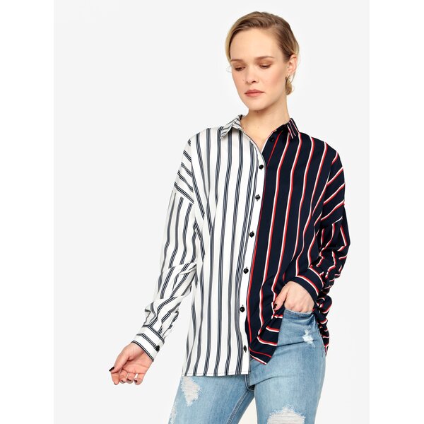 Camasa bleumarin & alb prafuit cu print in dungi asimetrice - MISSGUIDED