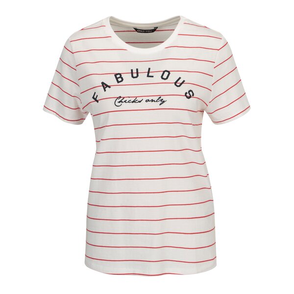 Tricou crem cu dungi si mesaj brodat - ONLY Kita