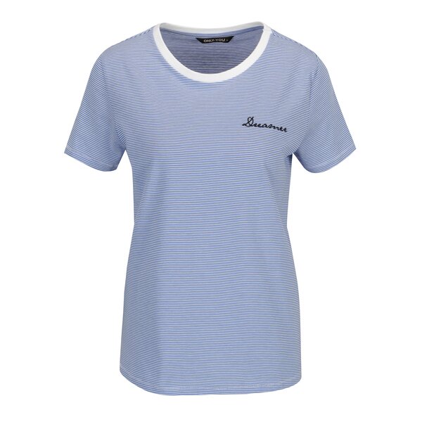 Tricou alb cu dungi albastre si mesaj brodat - ONLY Kita