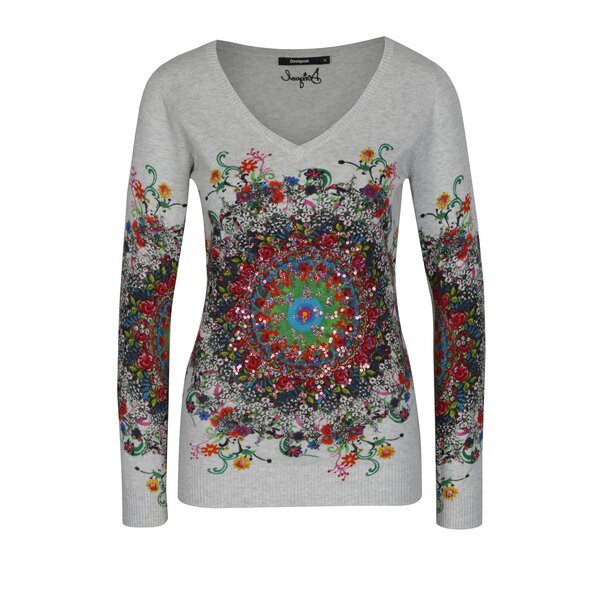 Pulover gri cu print mandala si anchior - Desigual Paula