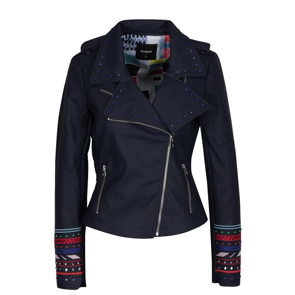 Jacheta biker bleumarin cu aplicatii decorative Desigual Annick