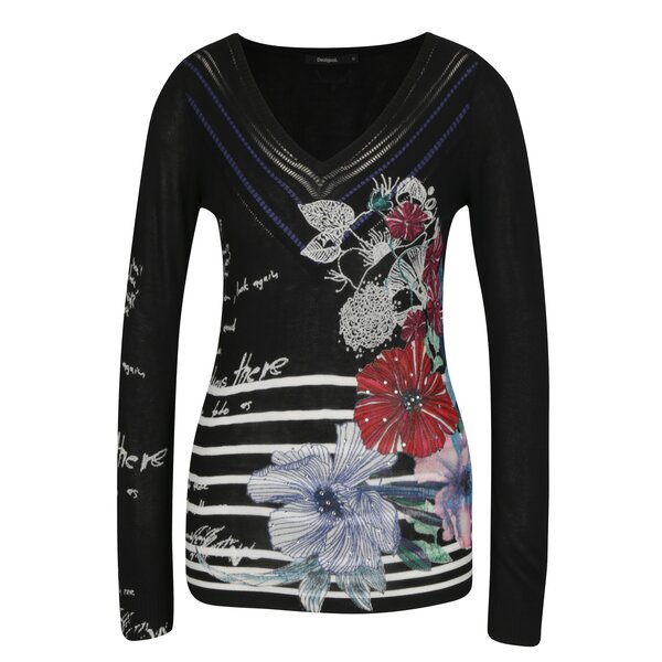 Pulover negru cu print floral si broderie - Desigual Sylvatica