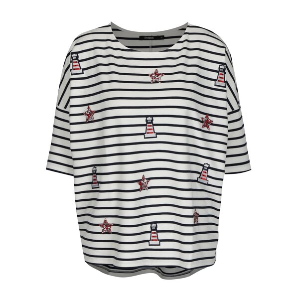 Tricou crem cu dungi albastre si aplicatii decorative - Desigual Ellen