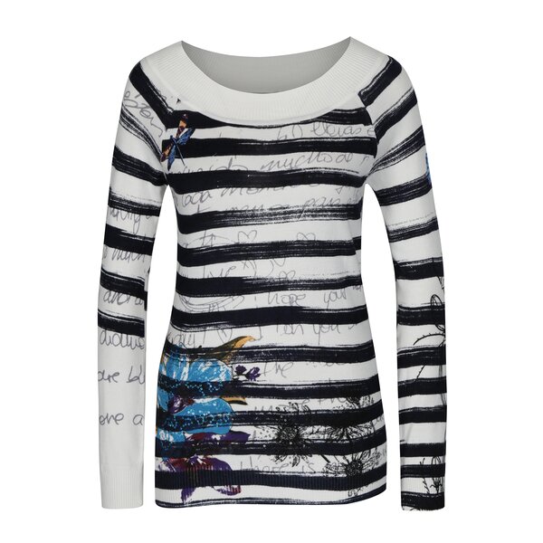 Pulover crem cu dungi albastre si print floral - Desigual Delphine