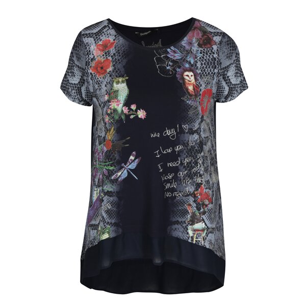 Tricou bleumarin cu print si terminatie de voal Desigual Daphne