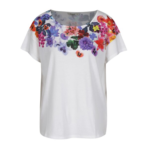 Tricou alb cu print floral Desigual Aglaia