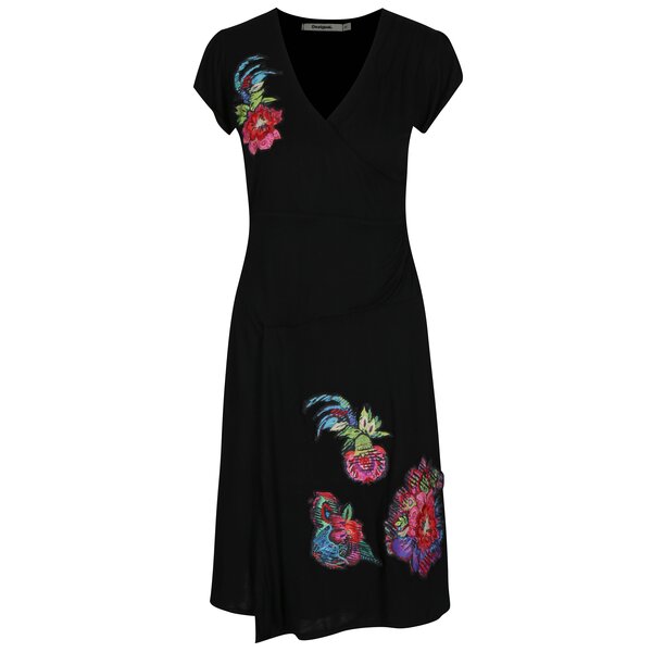 Rochie neagra cu croi suprapus si aplicatii florale Desigual Asha