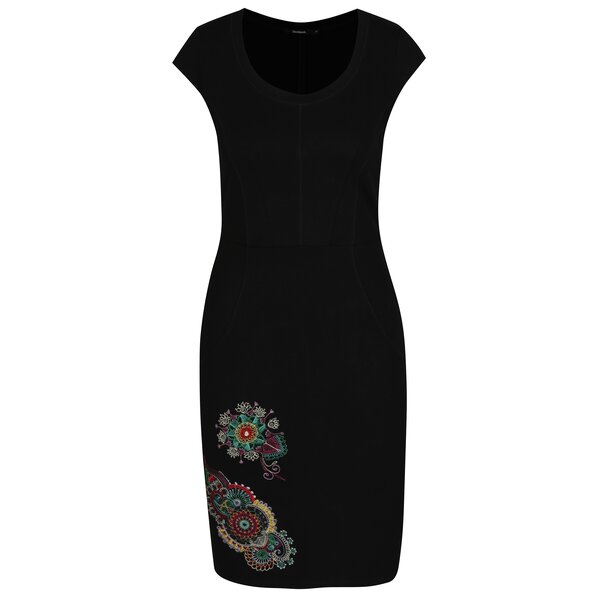 Rochie neagra cu broderie multicolora Desigual Eugenia