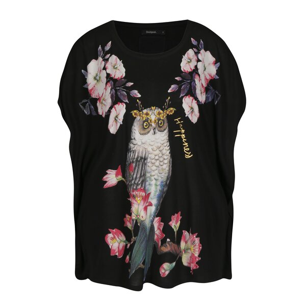 Tricou negru cu print bufnita si margele Desigual Strange Fruit