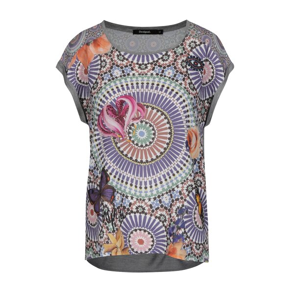 Tricou gri melanj cu print multicolor Desigual Claudine