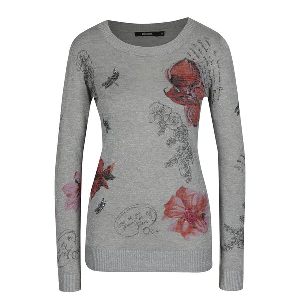 Pulover gri cu print floral si aspect stralucitor - Desigual Calgary Canada