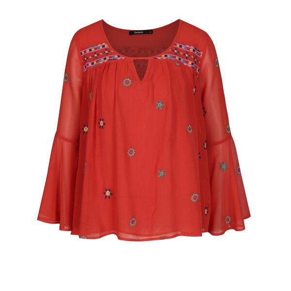 Bluza rosie cu maneci clopot si broderie florala - Desigual Karissa