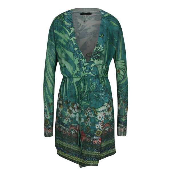 Cardigan verde cu print floral si cordon in talie - Desigual Griny