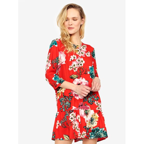 Rochie rosie cu print floral si volan ONLY Katehrine
