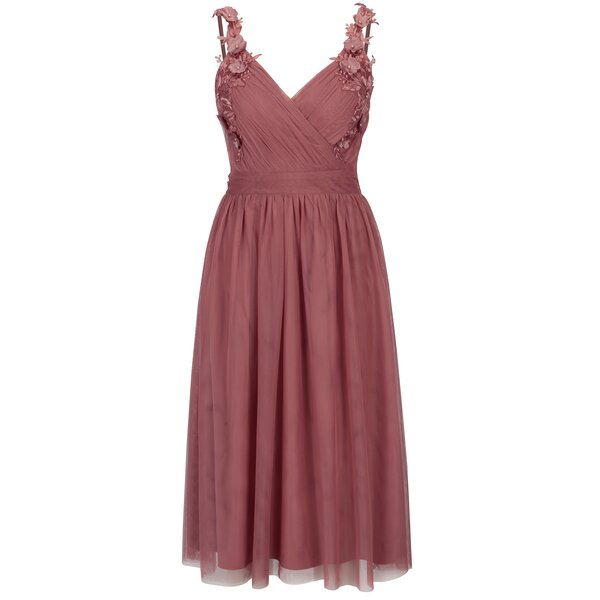 Rochie roz cu decolteu suprapus si flori decorative Little Mistress
