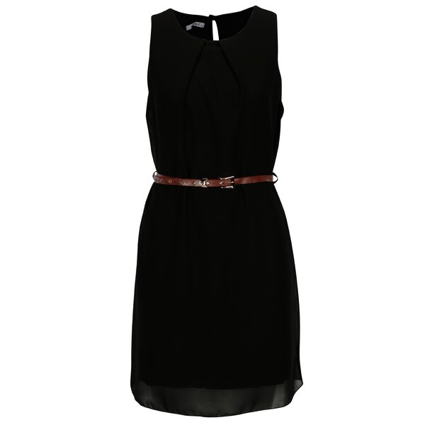 Rochie neagra fara maneci cu curea maro - Hailys Tanja