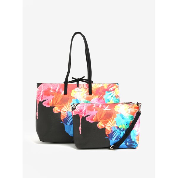 Geanta shopper cu geanta crossbody 2 in 1 negru cu print floral Desigual Corel Seattle