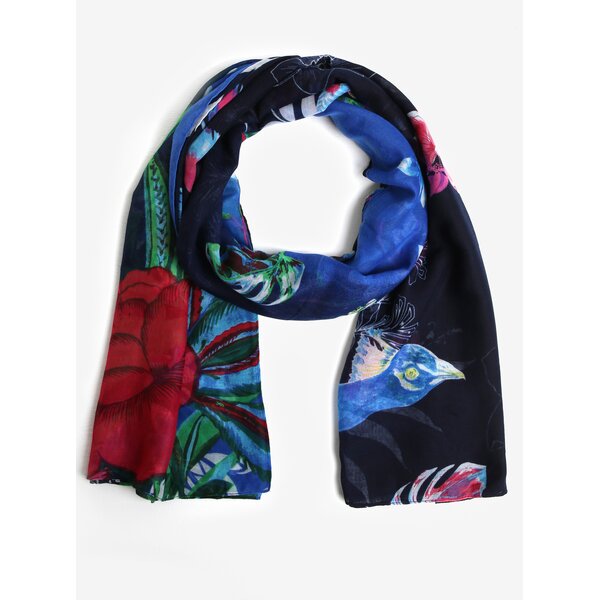 Esarfa bleumarin cu print multicolor Desigual Birdpalm