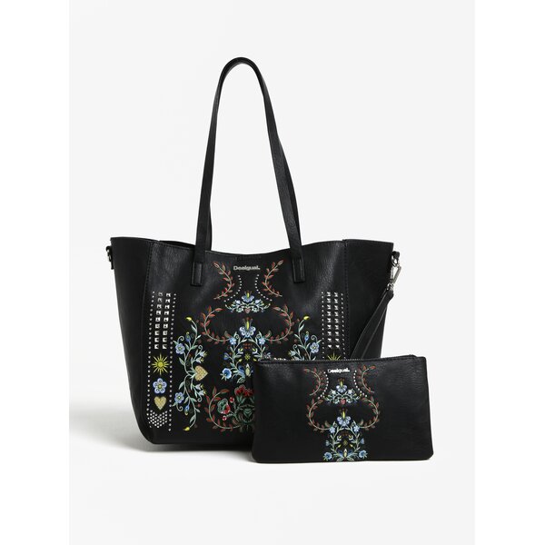 Geanta neagra shopper si portofel cu tinte Desigual Tina