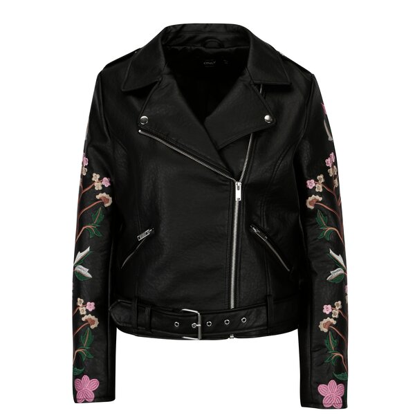 Jacheta biker neagra cu broderie florala - ONLY Maltes