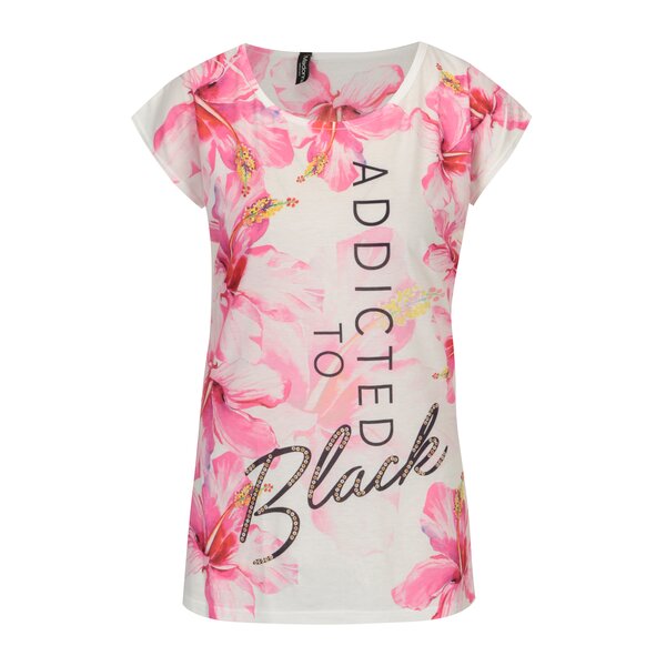 Tricou cu mesaj si print floral crem & roz - Madonna