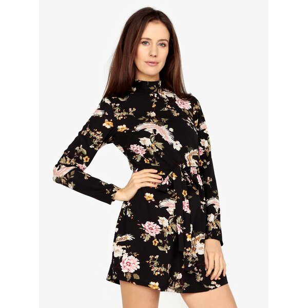 Rochie scurta neagra cu maneci lungi si print floral - MISSGUIDED