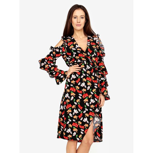 Rochie neagra cold shoulder cu volane si print floral - MISSGUIDED