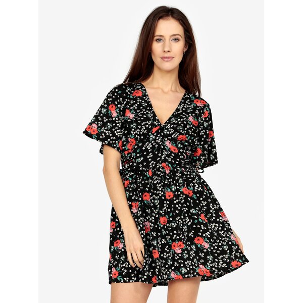 Rochie scurta neagra cu print floral si decolteu in V - MISSGUIDED