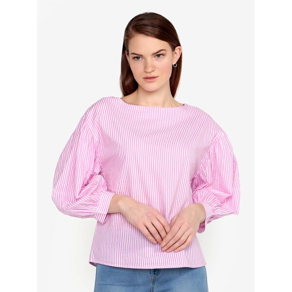 Bluza roz & alb cu maneci balon si print in dungi - VERO MODA Minnie