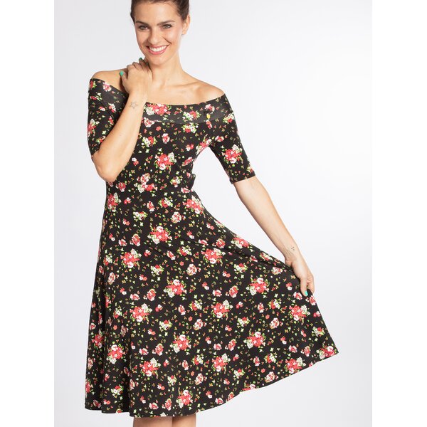 Rochie neagra cu print floral si umeri expusi Blutsgeschwister