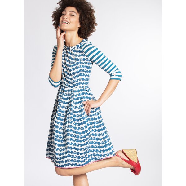 Rochie alb&albastru cu guler si print Blutsgeschwister