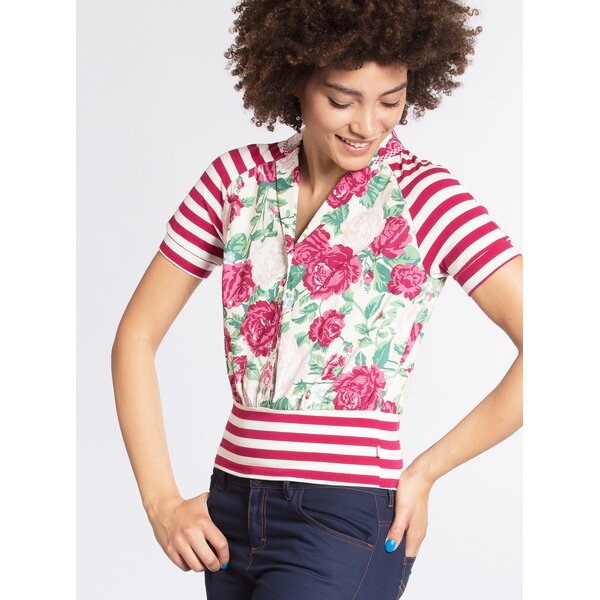 Bluza crem&roz cu print floral si dungi Blutsgeschwister