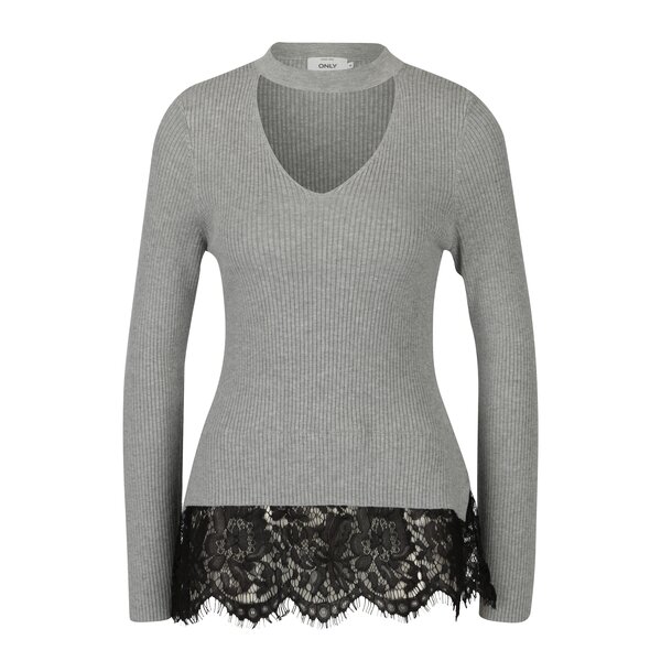 Pulover gri cu guler choker si terminatie din dantela ONLY Kamie