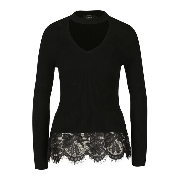 Pulover negru cu guler choker si terminatie din dantela ONLY Kamie