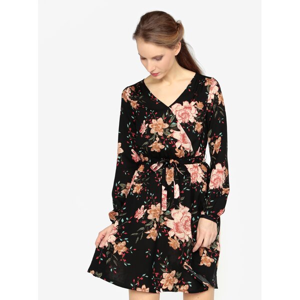 Rochie neagra cu decolteu suprapus si print floral - VERO MODA Simply